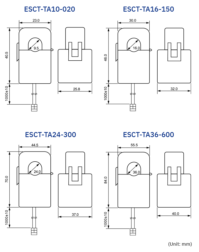 Dimensiones generales del transformador de corriente de núcleo dividido (CT) — Serie ESCT-T Dimensiones generales del transformador de corriente de núcleo dividido (CT) — Serie ESCT-T