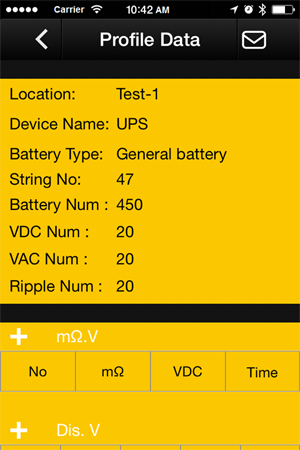 Fluke Battery Analyzer Mobile App profile data