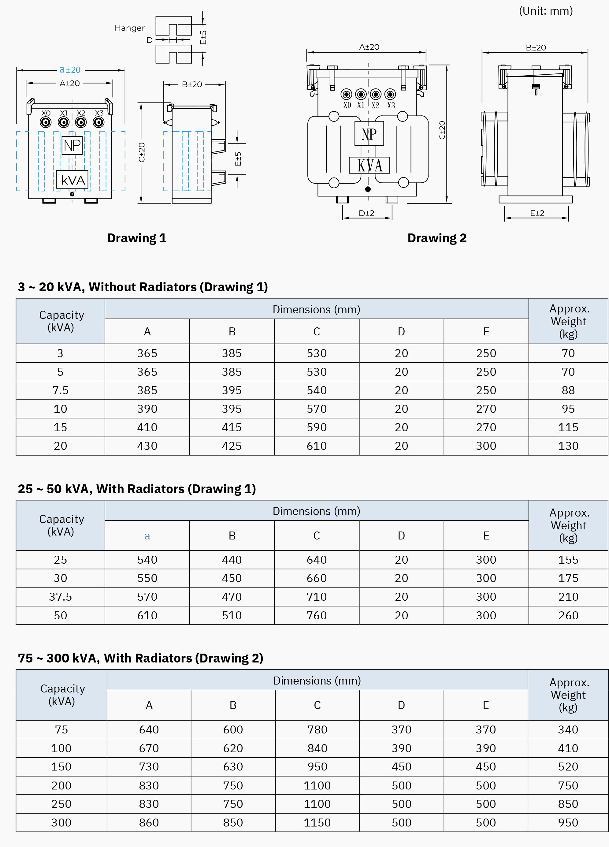 LV Oil Transformers - Drawings and Selection Tables